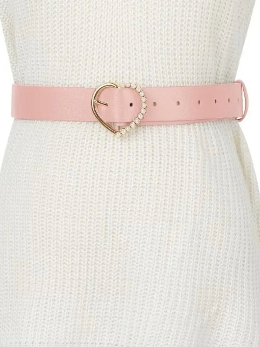 Pink Women’s Pearl Heart Buckle Waist Belt Fashion Dress Accessory Elegant Chic
